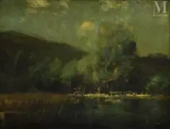 Rivage d'Hautecombe au crépuscule by François Cachoud, Huile sur panneau une planche non parqueté, sold Sep 2023