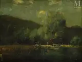 Rivage d'Hautecombe au crépuscule by François Cachoud, Huile sur panneau une planche non parqueté, sold Sep 2023