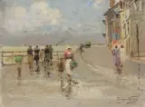 Promenade en bords de mer by Henry Caron, Huile sur toile, sold Sep 2023