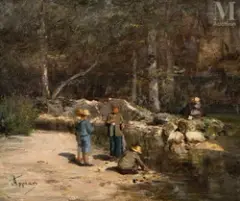 Enfants en bord de rivière by Adolphe Appian, Huile sur toile d'origine, sold Jun 2023