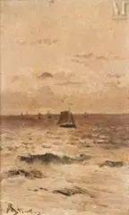 Bateau en mer by Alfred Emile Leopold Stevens, Huile sur panneau, sold Jun 2023