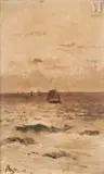 Bateau en mer by Alfred Emile Leopold Stevens, Huile sur panneau, sold Jun 2023