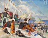Bigoudènes et petite fille à la fête foraine du pardon de Combrit by Robert Micheau-Vernez, Huile sur toile d'origine, sold Jun 2023