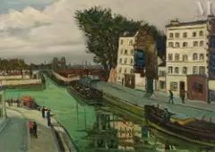 Canal avec des péniches by Alphonse Quizet, Huile sur isorel, sold Jun 2023