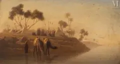 La halte au bord du Nil by Théodore Frère, Huile sur panneau une planche non parqueté, sold Jun 2023