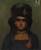 Fatma au turban noir et aux bijoux, Biskra by Joseph-Félix Bouchor, Huile sur toile d'origine, sold Jun 2023