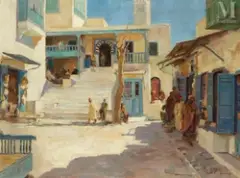 Le café des nattes à Sidi Bou Said by Max Moreau, Huile sur toile d'origine, sold Jun 2023