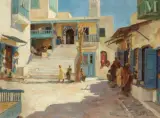 Le café des nattes à Sidi Bou Said by Max Moreau, Huile sur toile d'origine, sold Jun 2023