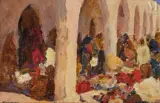 Marché à Medenine by Alexandre Roubtzoff, 1918, Huile sur toile marouflée sur panneau, sold Jun 2023