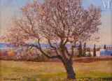 Amandier en fleurs à Gammarth by Alexandre Roubtzoff, 1928, Huile sur toile marouflée sur panneau, sold Jun 2023