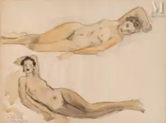 Étude de Nus by Alexandre Roubtzoff, Aquarelle sur trait de fusain, sold Jun 2023
