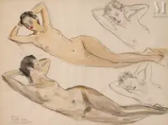 Étude de Nus by Alexandre Roubtzoff, Aquarelle sur trait de fusain, sold Jun 2023