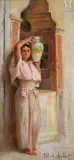 Tunisienne à la jarre Qallaline dans le patio de Dar Ben Abdallah by Albert Aublet, Huile sur toile marouflée sur carton, sold Jun 2023