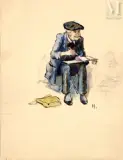 Autoportrait entrain de dessiner, un enfant sur la droite by Jean-Jacques Waltz dit Hansi, Plume et encre noire, aquarelle et crayon noir, sold May 2023