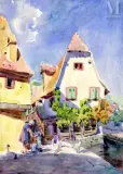 Vue animée d’un village en Alsace by Jean-Jacques Waltz dit Hansi, Aquarelle sur traits de crayon noir, sold May 2023