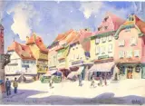 Vue animée du village d’Obernai by Jean-Jacques Waltz dit Hansi, Aquarelle sur traits de crayon noir, sold May 2023