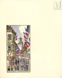 Illustration pour le livre l’Alsace heureuse, le 14 juillet à Bouxviller by Jean-Jacques Waltz dit Hansi, Plume et encre noire, aquarelle sur traits de crayon noir, sold May 2023