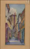 Vue animée d’une ruelle à Barbentanne by Jean-Jacques Waltz dit Hansi, Aquarelle sur traits de crayon noir, sold May 2023