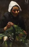 Normande au panier de légumes by Vladimir Vladyslaw Granzow, Huile sur toile marouflée sur contreplaqué, sold May 2023