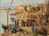 Chantier naval au Caire by Georges Hanna Sabbagh, huile sur panneau, sold May 2023