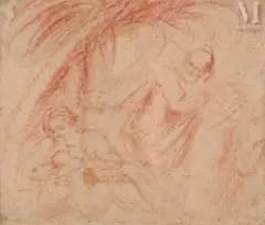 Feuille d’étude recto-verso : la fuite en Egypte by Domenico Fiasella, Sanguine et lavis de sanguine sur papier beige, sold May 2023