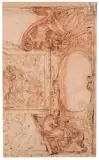 Feuille d’étude recto-verso : au recto projet de plafond, au verso études de jambe, main et drapé by Giuseppe Passeri, Plume et encre brune, sanguine, sold May 2023