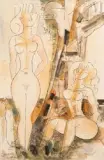 Nu debout et nus assis sous un arbre by Marcel Gromaire, 1966, Aquarelle sur trait de plume et encre noire, sold Mar 2023
