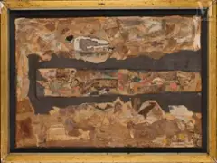 Sans titre by Jacques Doucet, 1964, Collage sur carton noir (fragments de papiers peints, de cartons, d'illustrés), sold Mar 2023