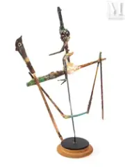 Cavalier à cheval va quelque part, mais à pied, à cheval s'il vous plaît. Ya,ya,ya,yé,yé,yé by Robert Combas, 1989, Acrylique sur assemblage d'éléments de bois, métal, plâtre, plastique, sculpture, sold Mar 2023