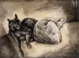 Deux chats by Jacques Nam, Huile sur toile, sold Mar 2023