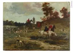 Les veneurs by Paul Tavernier, Huile sur panneau, sold Feb 2023