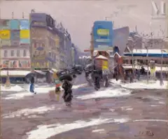 Jour de neige boulevard Rochechouart by Élie Anatole Pavil, Huile sur toile, sold Feb 2023