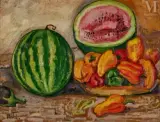 Nature morte aux pastèques et poivrons by Jean Misceslas Peské, Huile sur carton, sold Feb 2023