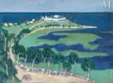 Paysage, le fort de Brégançon by Olga Metchnikoff, Huile sur toile, sold Feb 2023