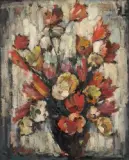 Composition aux fleurs jaunes et rouges by Boris Pastoukhoff, Huile sur toile, sold Feb 2023