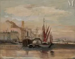 Docks de Londres by Voldemar Boberman, Huile sur toile, sold Feb 2023