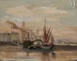 Docks de Londres by Voldemar Boberman, Huile sur toile, sold Feb 2023