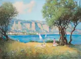 La pause sous les pins en bord de mer by Jules Hervé-Mathé, Huile sur toile d'origine, sold Dec 2022