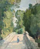 Homme marchant sur le vieux pont de Grez sur Loing by Eugène Schlumberger, Huile sur toile d'origine, sold Dec 2022
