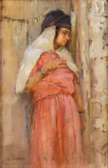 Jeune fille en rose by Nasreddine Dinet, Huile sur carton fort, sold Dec 2022