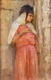 Jeune fille en rose by Nasreddine Dinet, Huile sur carton fort, sold Dec 2022