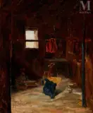 Intérieur au berceau, à Ighil Ali by Constant Louche, Huile sur toile d'origine, sold Dec 2022