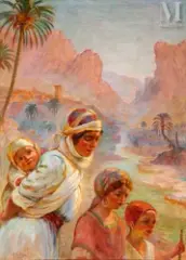 La traversée des Gorges d'El Kantara by José Ortega, Huile sur toile d'origine, sold Dec 2022