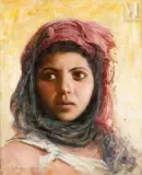 Portrait de jeune fille au voile rose by Jules Blancpain, Huile sur toile d'origine, sold Dec 2022