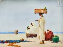 Les porteurs d'eau devant le port by Dudley Hardy, Gouache sur carton, sold Dec 2022
