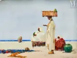 Les porteurs d'eau devant le port by Dudley Hardy, Gouache sur carton, sold Dec 2022