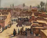 Souk à Taroudant by Henri Jean Pontoy, Huile sur panneau une planche non parqueté, sold Dec 2022