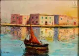 Bateau rentrant au port, à Bizerte by Vincent Manago, Huile sur panneau, sold Dec 2022