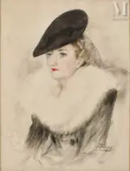 Portrait d’une élégante au chapeau by Alexandre Roubtzoff, Pastel, craie noire et aquarelle sur papier, sold Dec 2022