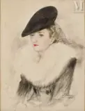 Portrait d’une élégante au chapeau by Alexandre Roubtzoff, Pastel, craie noire et aquarelle sur papier, sold Dec 2022